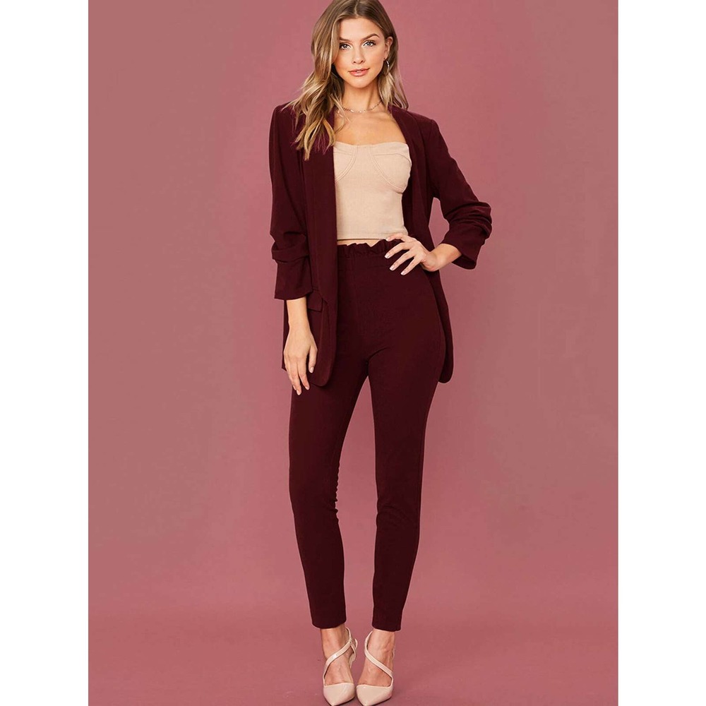 2 piece pantsuit: Shawl Collar Blazer & Paperbag Waist Pants Set green - Picture 6 of 11